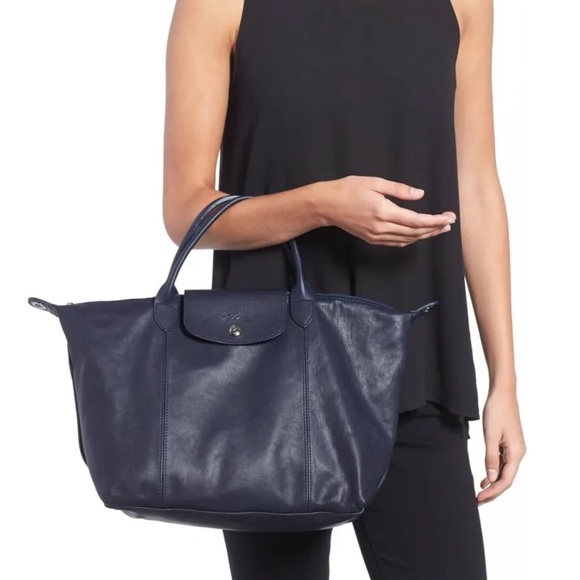 Longchamp Handbags - LONGCHAMP Le Pliage Cuir Medium Leather Satchel Bag Navy